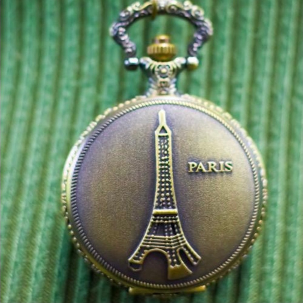 Antique Brass Eiffel Tower Clock Necklace Locket